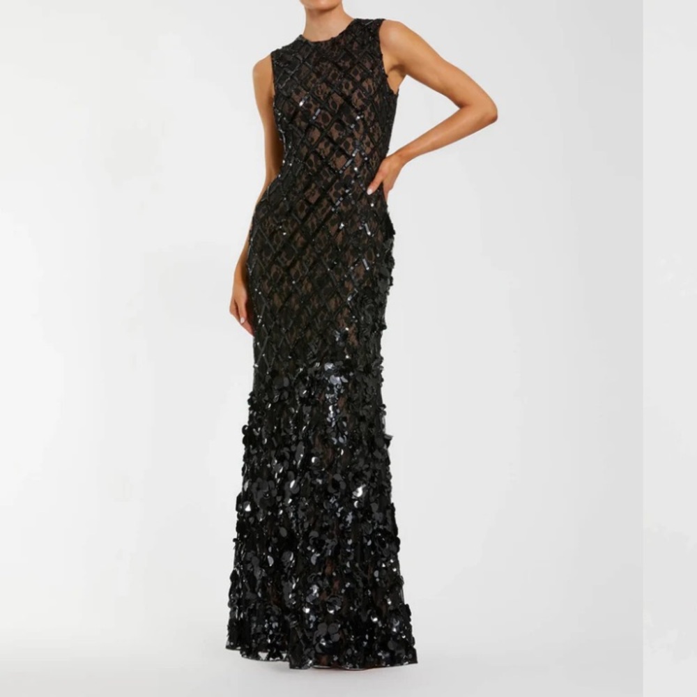 Elegant Black Sequin Beaded Embellished Sleeveless Mermaid Gown only!